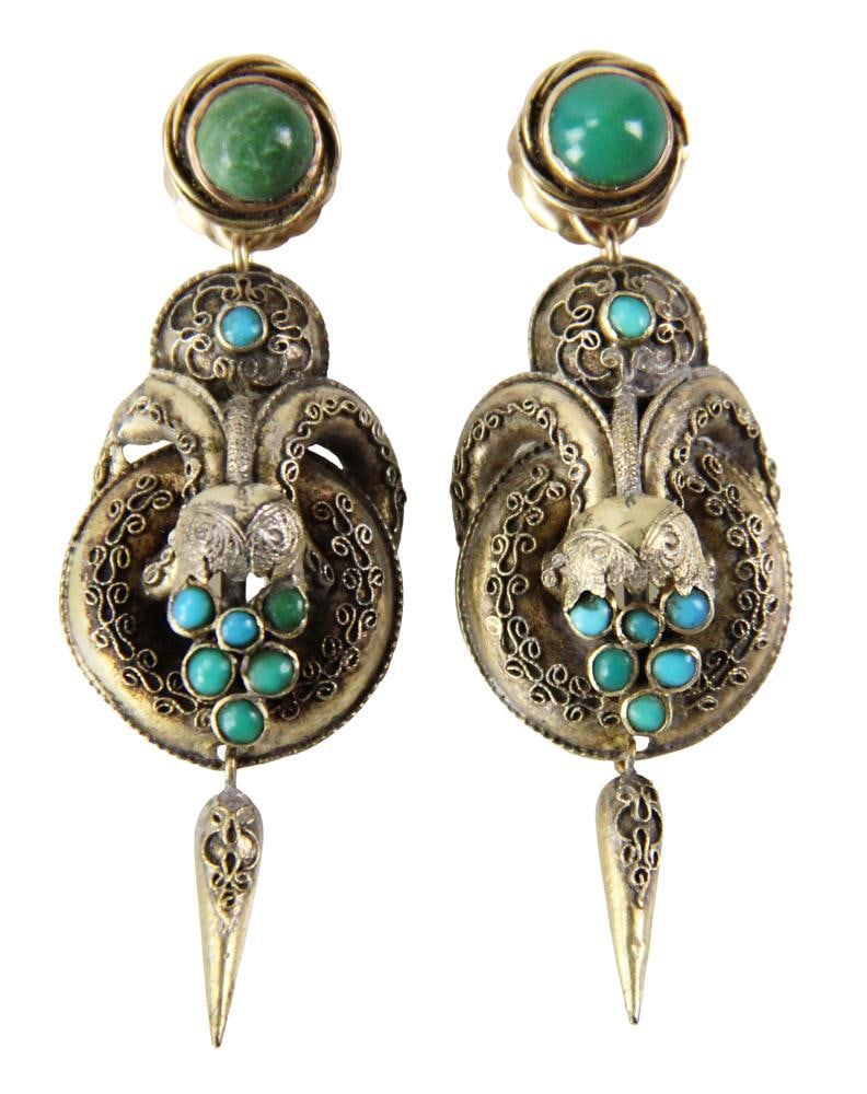 Pair of 18k Gold and Turquoise Post Earrings: Pair of 18k gold and turquoise post earrings, approximately 1 1/2" H. Approximately 8.7 grams TW. Provenance: New York estate. PLEASE NOTE: payment for silver, gold, jewelry, and coins must be made vi