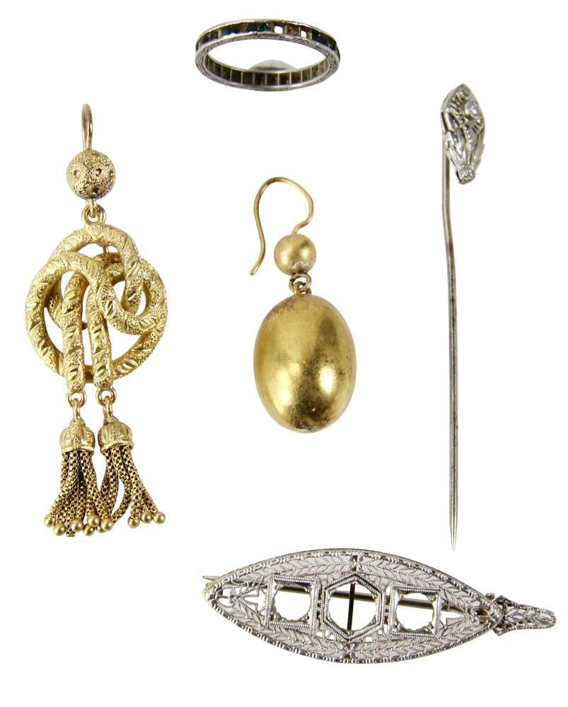 18k Gold and Platinum Jewelry: 18k gold and platinum jewelry, to include: two 18k single earrings and a stick pin with diamond; platinum ring missing stones and a filigree setting that connects from brooch to pendant. Approximately