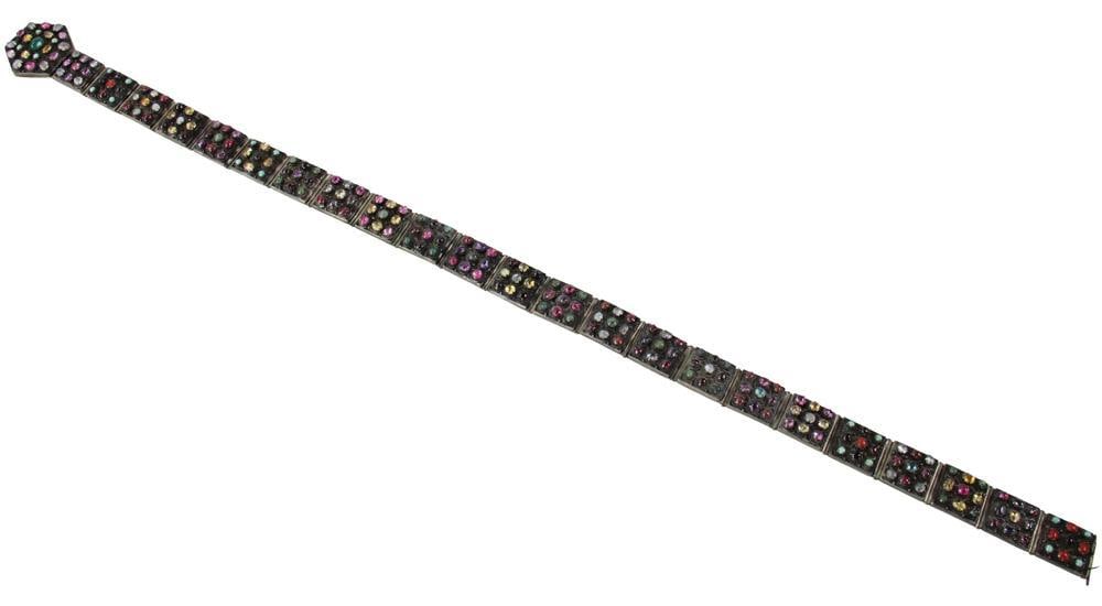 Sterling and Gemstone Belt: Sterling and gemstone belt, 33 1/2" L x 1 1/4" W (buckle 2 1/4" W). Approximately 12.5 troy oz TW. Note: clasp needs repair. Provenance: New York estate. PLEASE NOTE: payment for silver, gold, jewelry