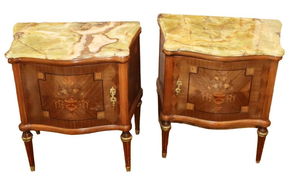 Pair of Vintage French Regency Marble-Top Stands: Pair of vintage French Regency stands with green marble tops, 25" H x 24" W x 16" D. Provenance: Private Collection, Dover, Massachusetts.