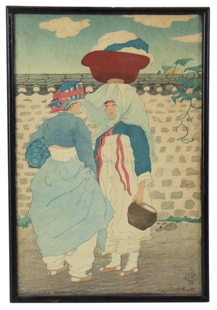 Elizabeth Keith, "Morning Gossip", Woodblock Print: Elizabeth Keith (Scottish, 1887-1956), "Morning Gossip", Hamhung, Korea, woodblock print, signed L/R and dated 1921, 15" x 9 3/4" (sight), framed 15 1/2" x 10 1/2". Provenance: Wenham, Massachusetts