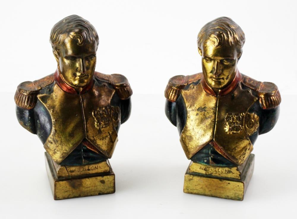 Napoleon Bookends, Gold-Decorated Terra Cotta: Napoleon bookends, painted and gold-decorated terra cotta, 8" x 5" x 3". Provenance: Palm Beach, Florida estate.