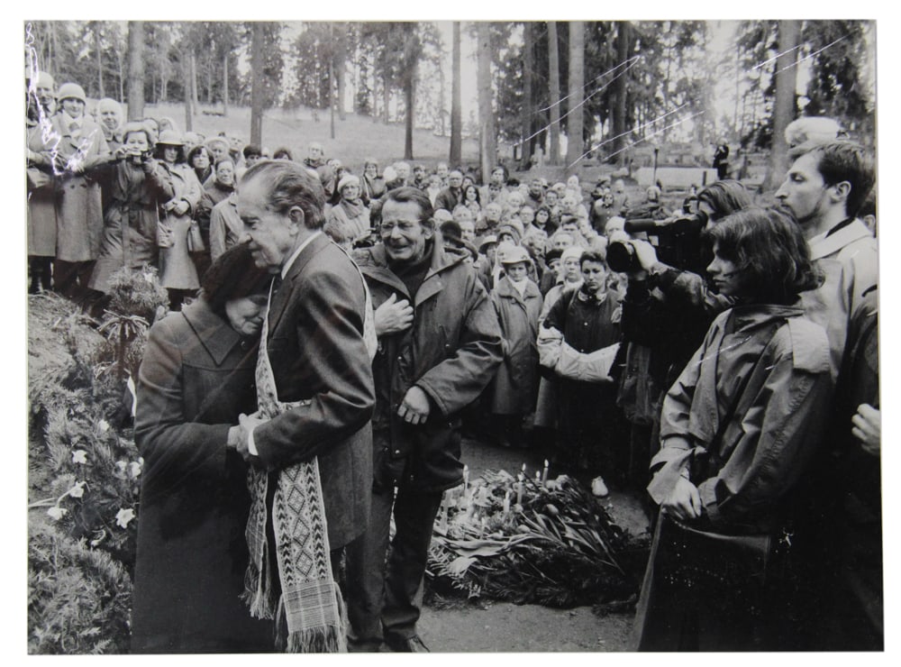 Antanas Sutkus, Gelatin Silver Photograph, Nixon: Antanas Sutkus (celebrated Lithuanian photographer, b.1939), gelatin silver photograph, "Richard Nixon" comforting Lithuanian woman, 1991, signed A. Sutkus, titled, and dated verso, 11 1/2" x 16", unf