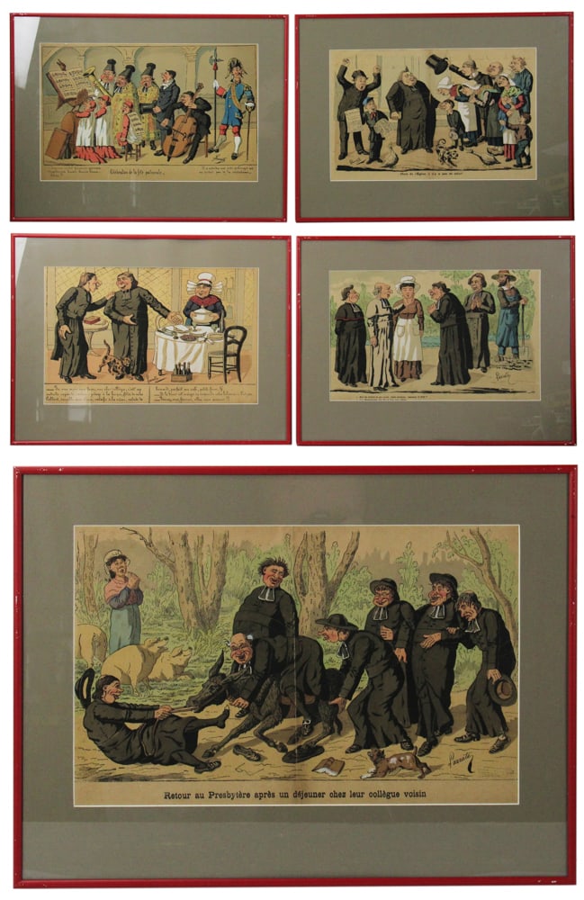 Edmond Lavrate, Group of Colored Lithographs: Edmond Lavrate (French, 1829-1888), group of (5) satirical caricature-style colored lithographs, 11" x 18" (image), framed 18" x 24". Provenance: Marblehead, Massachusetts collection.