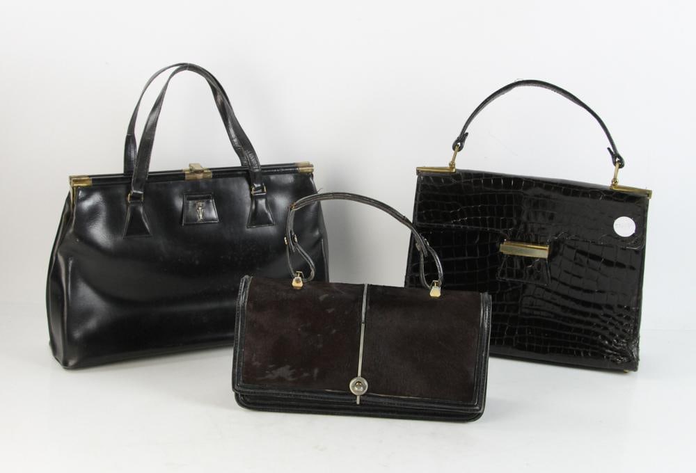 Three Assorted Vintage Purses: Three assorted vintage purses, alligator, black leather, and beaded. Provenance: Santa Barbara, California.