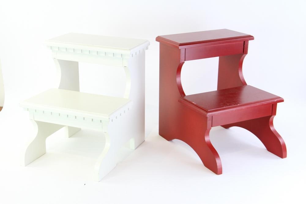 Wooden Painted Stools: Two wooden stools, one painted white, one painted red, 15 1/2" H x 13 1/2" W x 14 1/2" D.
