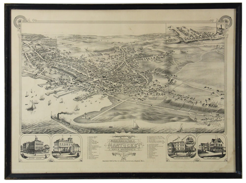 Nantucket, Birdseye View of the Town, Framed Print: Nantucket, birdseye view of the town, print, 23" x 31", framed. Provenance: Palm Beach, Florida estate.