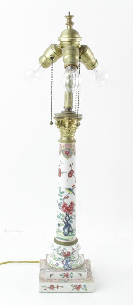 Late 19thC Chinese Porcelain Lamp: Late 19th century Chinese porcelain lamp, having a bronze Corinthian top, 28" H x 5 1/2" W x 5 1/2" D. Provenance: Palm Beach, Florida estate.