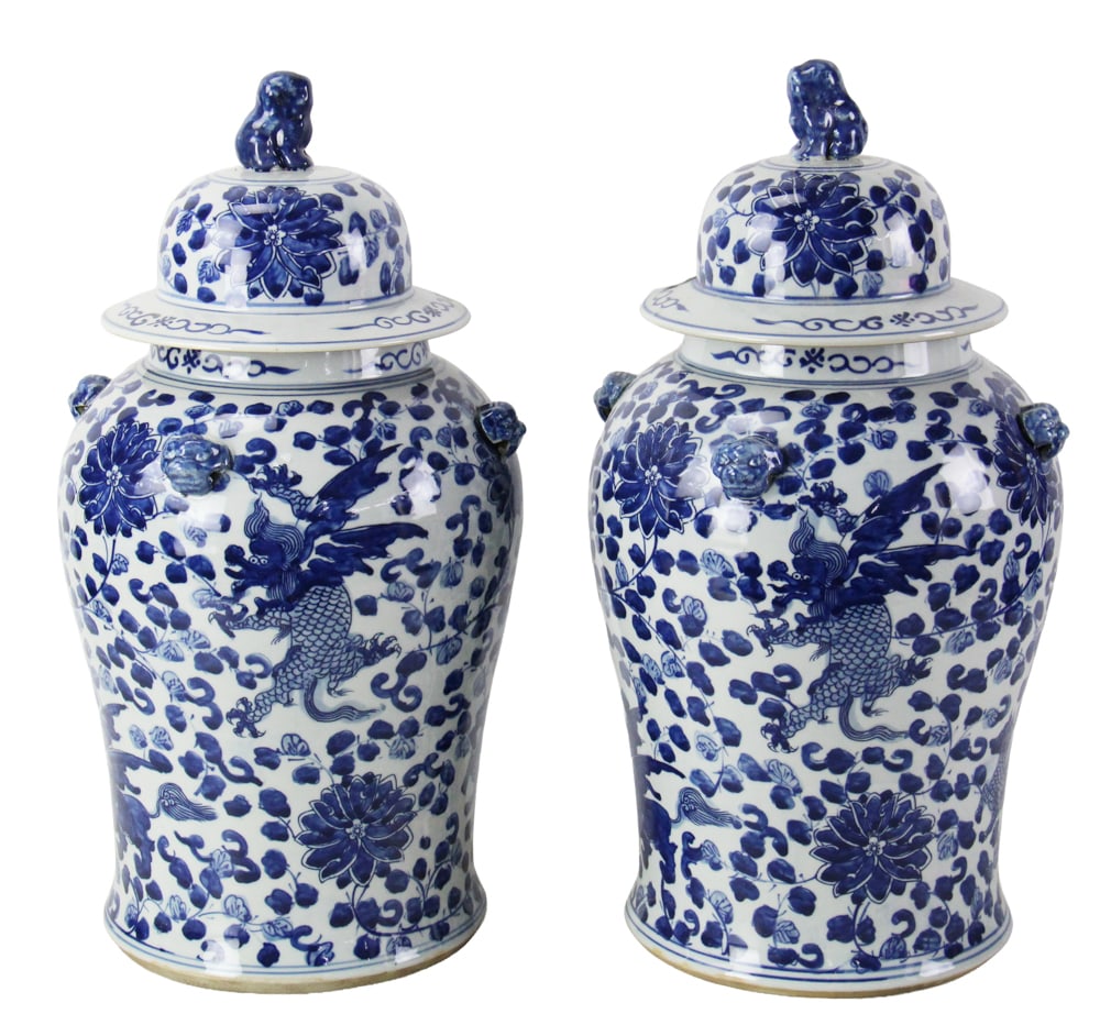 Pair of Chinese Blue and White Covered Ginger Jars: Pair of Chinese blue and white covered ginger jars, 20" x 10". Provenance: Palm Beach, Florida estate.