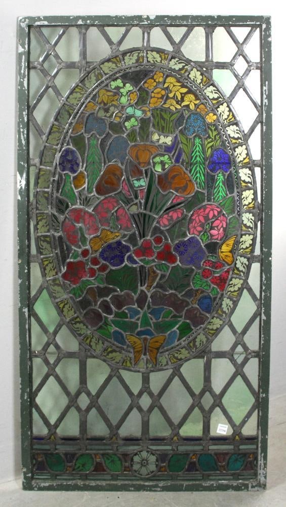 C1890 Art Nouveau Stained Glass Window: Circa 1890 outstanding Art Nouveau stained glass window with butterfly and floral design, 50" H x 27" W. Provenance: Nahant, Massachusetts estate.