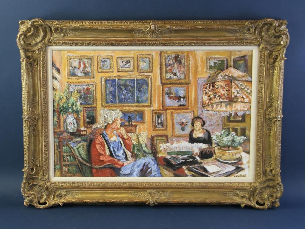 After Vuillard, In the Art Gallery, Oil on Canvas: After E. Vuillard, "In the Art Gallery", oil on canvas, 18 1/2" x 28", in custom hand carved giltwood frame with linen matting, 26" x 36".