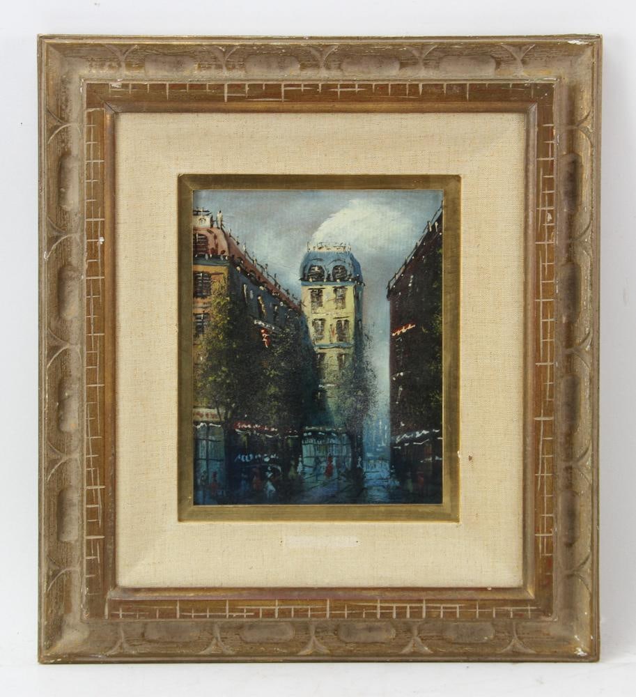 Constantine Korovin, Paris Scene, Oil on Panel: Constantine Korovin, Paris scene, oil on panel, 20th century, signed L/R, 9 1/2" x 7 1/2", framed 19" x 16 3/4". Provenance: Ashland, Massachusetts.