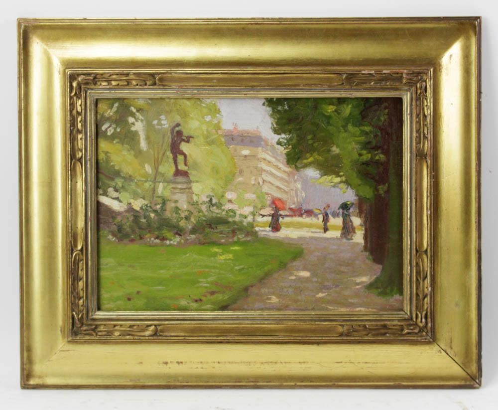 Earl H. Brewster, "In The Luxembourg Gardens": Earl Henry Brewster (American 1878-1957), "In the Luxembourg Gardens", circa 1907, oil on artist board, 10" x 14", framed 16" x 20".