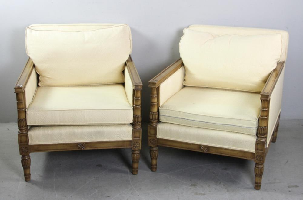 Pair of Upholstered Armchairs: Pair of upholstered armchairs , 'Custom Built by Union Upholstering' Lynn, MA, 32" H x 28 1/2" W x 36 1/2" D. Provenance: Swampscott, MA.