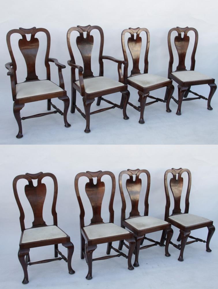 Antique Queen Anne Custom Mahogany Chairs: Antique Queen Anne custom mahogany dining chairs, set of (8). Provenance: Beacon St., Boston.