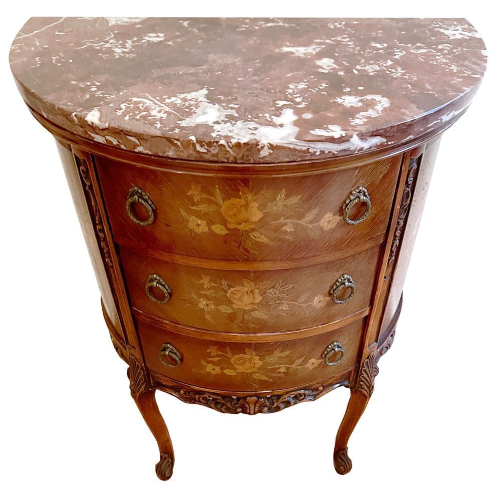 French Inlaid Demilune 3-Drawer Marble-Top Chest: French inlaid demilune 3-drawer chest with marble top, 30" H x 23" W x 13" D. Provenance: Collinsville, Connecticut.