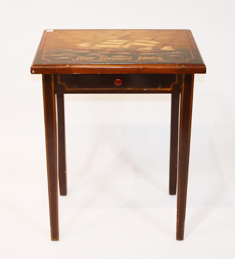 Ship Painting on Single-Drawer Stand: Ship painting on a single-drawer stand, 30" H x 24" W x 18" D. Good condition. Provenance: Palm Beach, Florida estate.