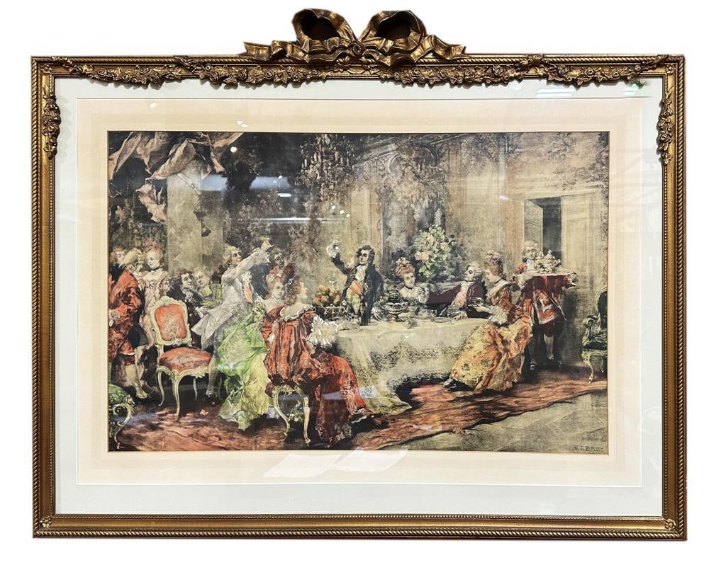 French Dinner Hand-Colored Print: French dinner hand-colored print, 30" x 38". Provenance: Cavanaugh, Collinsville, Connecticut.