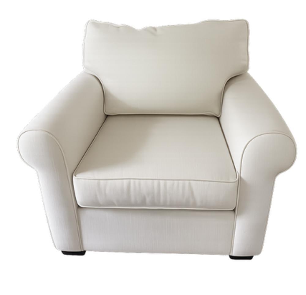 Cream Linen Pottery Barn Club Chair: Cream linen Pottery Barn club chair, 36" H x 36" W. Provenance: Peterborough, New Hampshire collection.