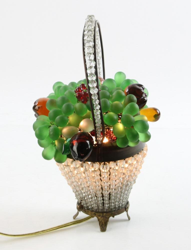 French Glass Fruit Lamp with Ornament: French Glass Fruit Lamp with ornament, 11" x 6". Provenance: Palm Beach, FL.