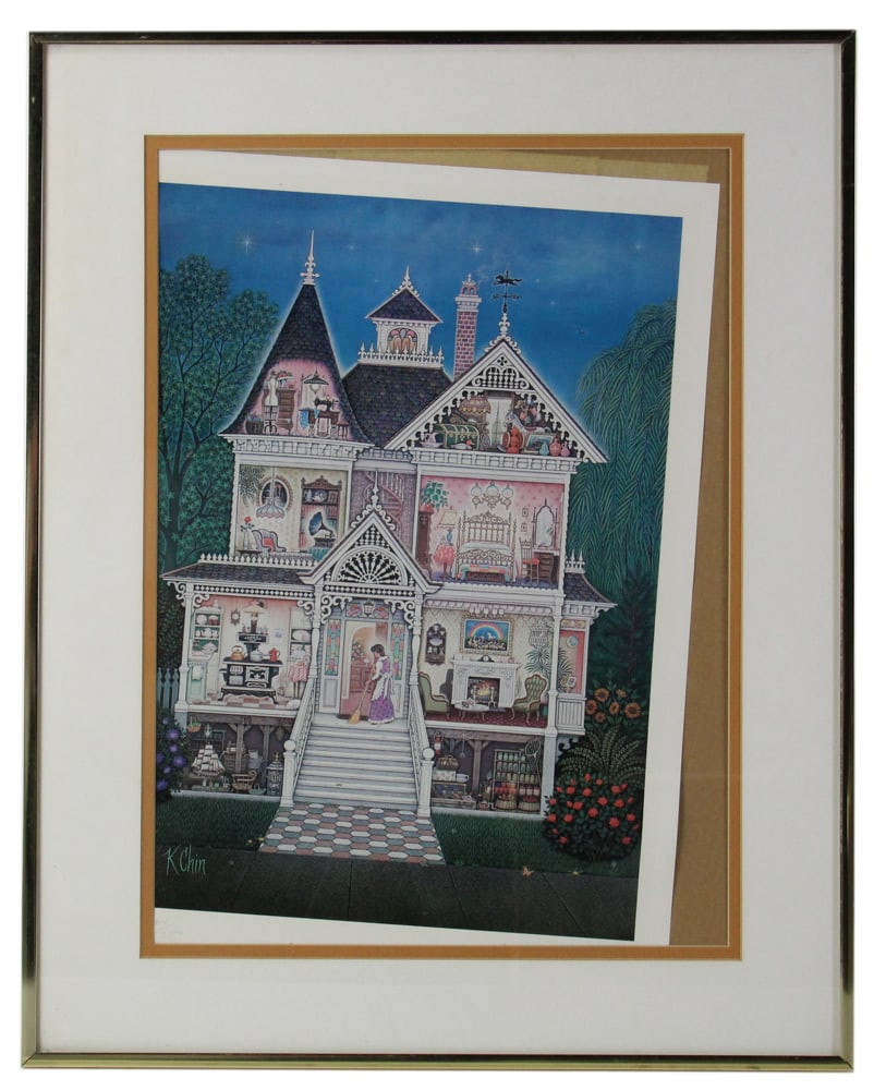 K. Chin, "I'll See You Yesterday", Print: K. Chin (American, 1920-1995), "I'll See You Yesterday", detailed Victorian-style doll house view, print, editioned 815/5000, signed L/L, 21" x 17" (image), framed 21" x 25". Provenance: Lasky Family