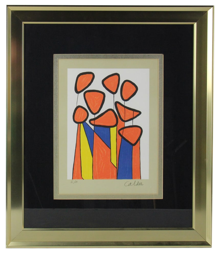 Alexander Calder, "Squash Blossoms", Color Lithograph: Alexander Calder (American, 1898-1976), "Squash Blossoms", color lithograph on wove paper, 1973, signed L/R, 15" x 11" (image), framed 24" x 21". Provenance: Lasky Family Trust, Longmont, Colorado.