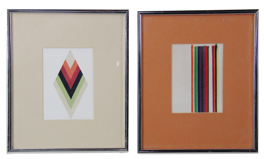 Bauhaus Design Prints, Morris Louis Stripe Painting: Bauhaus design mid-century style prints featuring layered diamond shapes in orange, red, etc., framed 11" x 9 1/2"; Morris Louis painting from the Stripe series executed in the early 1960s, framed