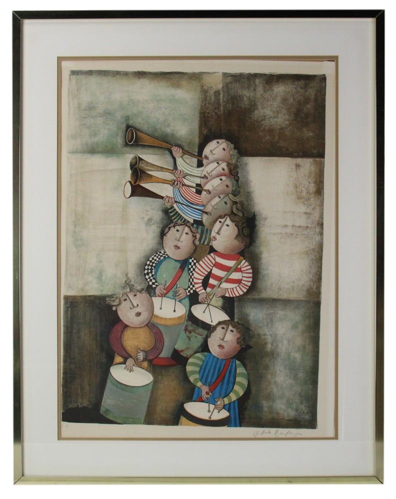 Graciela Rodo Boulanger, "Drums and Trumpets", Lithograph: Graciela Rodo Boulanger (Bolivian, b.1935), "Drums and Trumpets", depicting children playing instruments, lithograph, signed L/R, 29" x 21" (image), framed 39" x 30". Provenance: Lasky Family Trust, L
