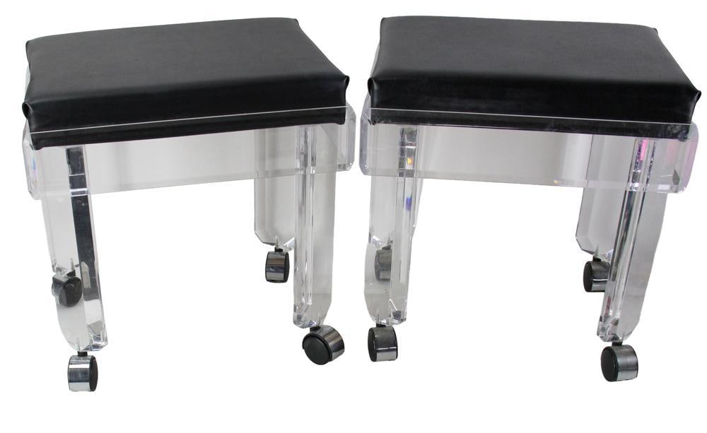 Lucite Stool on Wheels: Lucite stool on wheels, 19" x 18" x 14". Provenance: Stockton, Maine estate.