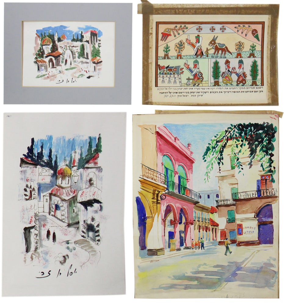 Artworks, Shalom of Safed, Catriel Efrony: Four artworks, to include: watercolor on paper of Old San Juan, Puerto Rico, signed indistinctly L/L, 24" x 19" (image), unframed; Shalom of Safed (Israeli, 1887-1980), Noah's Ark, unsigned, 7" x 10" 