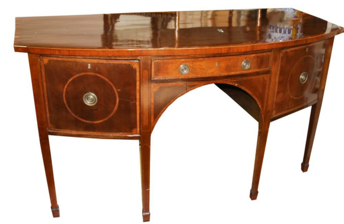 Early 19thC English Inlaid Mahogany Sideboard: Early 19th century English mahogany sideboard having fan and line inlay, 35" H x 64" W x 28" D. Provenance: Nantucket Collection.