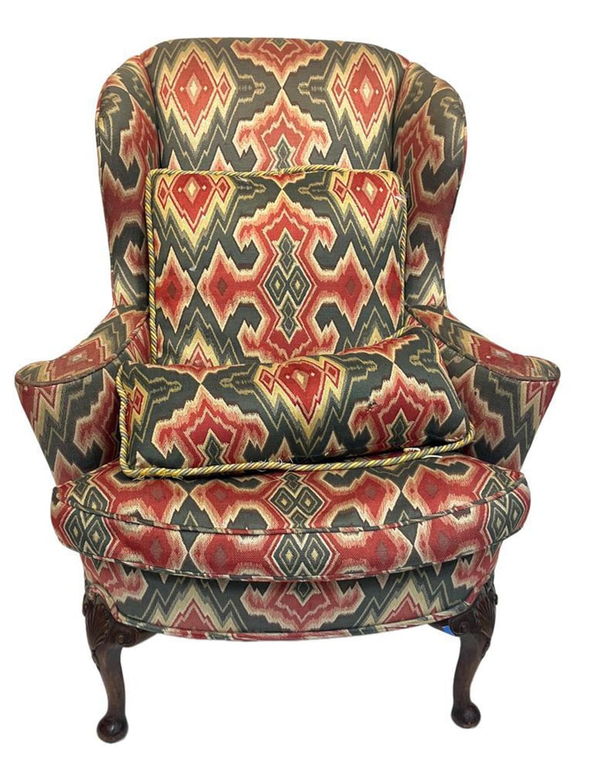 Queen Anne Style Wing Chair: Queen Anne style wing chair having flame stitch upholstery and down filled cushions, 42" H x 34" W x 32" D. Provenance: Winchester, Massachusetts collection.