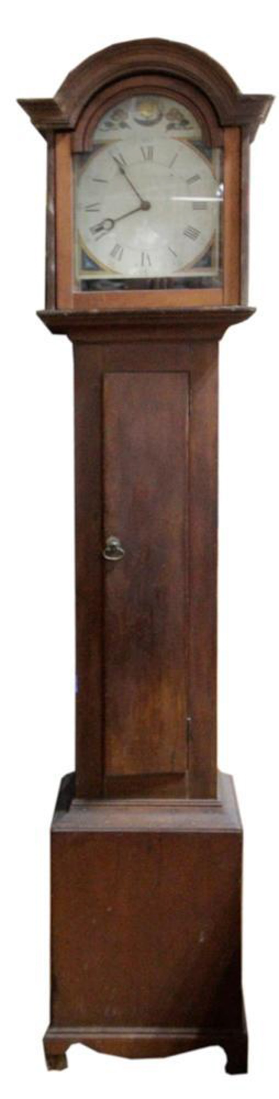 19thC New Hampshire Grandfather Clock, Pine: 19th century New Hampshire grandfather clock, pine wood, 86" H x 18" W. Provenance: Boxford, Massachusetts collection.