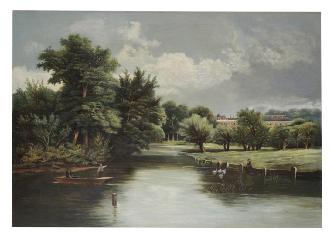Men in Fishing Boat on River, Oil on Canvas: Men in fishing boat on the river, oil on canvas, circa 1910, unsigned, 44" x 66". Provenance: Ipswich, Massachusetts collection.