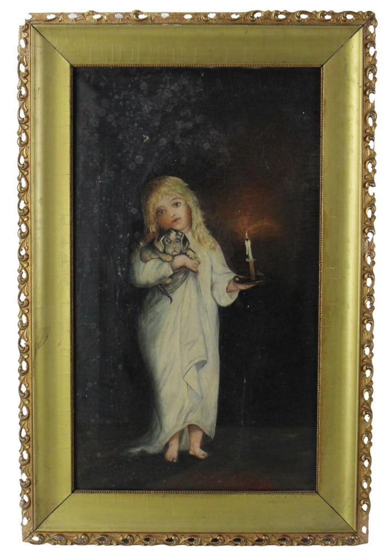 In the Manner of Charles Burton Barber, Young Girl, Oil on Canvas: In the manner of Charles Burton Barber, young girl with dog, oil on canvas, unsigned, 24" x 14", framed 29" x 19". Provenance: Hampton, New Hampshire collection.