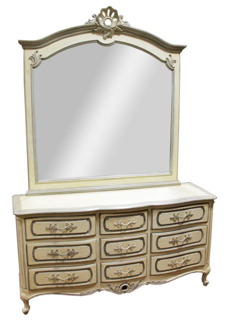 French Painted Mirror with Chest of Drawers: French painted mirror with chest of drawers, 68" x 65". Provenance: Palm Beach, Florida estate.