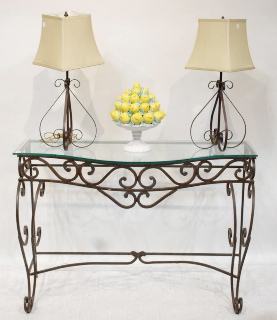 20thC Wrought Iron Glass-Top Hall Table, Lamps, Lemons (1 of 9)