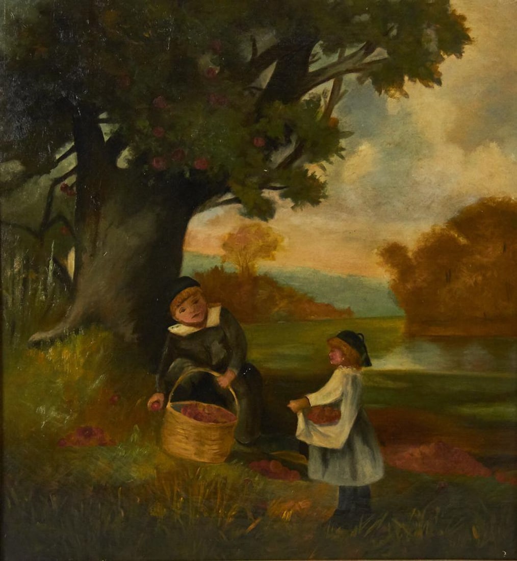 Children Picking Apples, Oil on Canvas: Children picking apples, oil on canvas, unsigned, 24" x 22", framed 27 1/2" x 26". Provenance: Acton, Massachusetts collection.