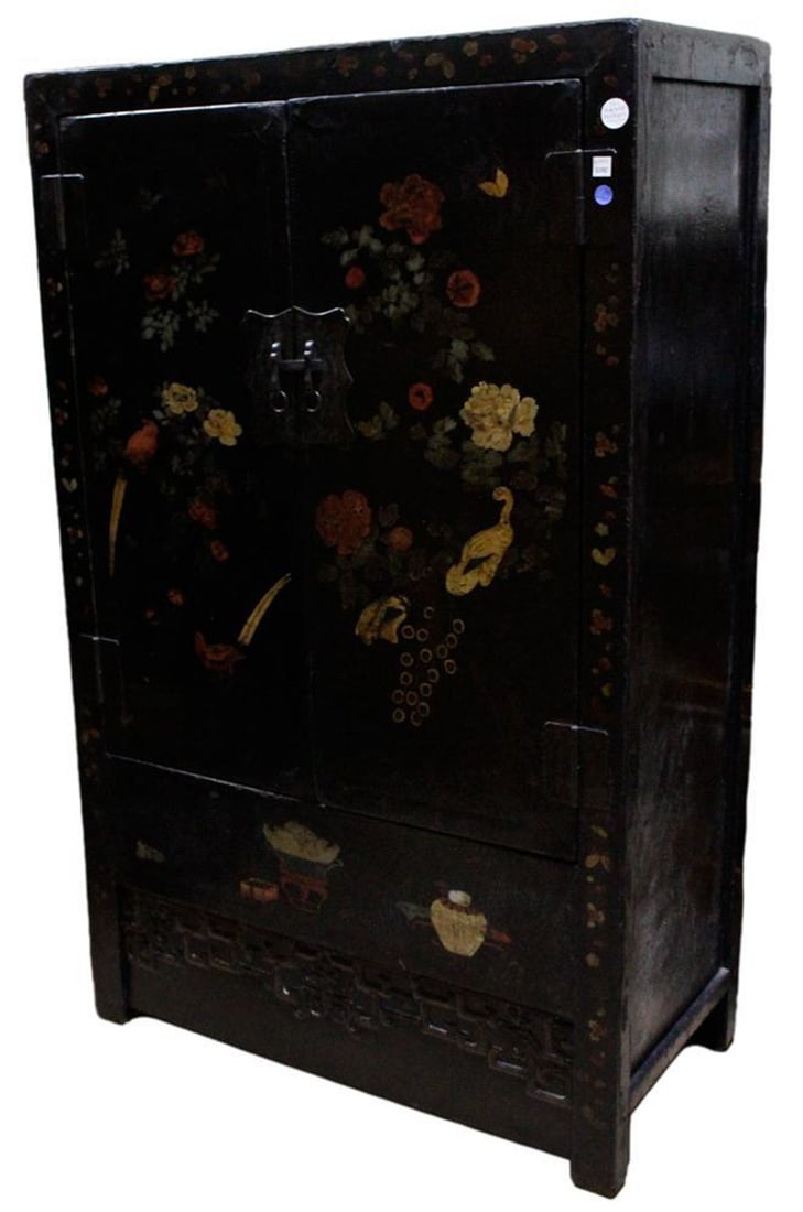 19thC Chinese Chinoiserie Lacquered 2-door Cabinet: 19th century Chinese chinoiserie lacquered two-door cabinet, 72" H x 44" W x 23" D. Provenance: an old Nantucket Collection.