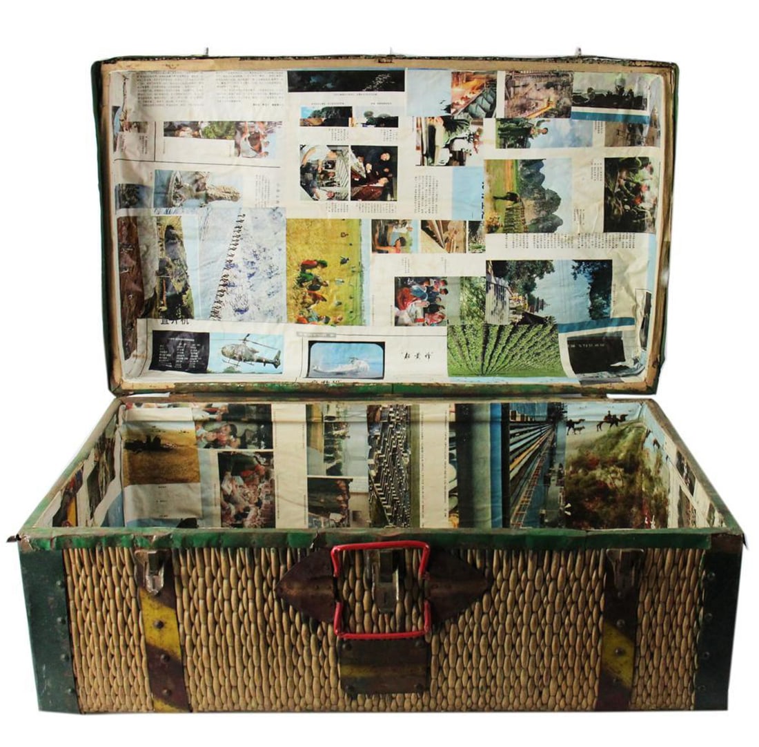 19th/20thC Chinese Woven Wicker Suitcase: 19th/20th century Chinese woven wicker suitcase, interior lined with Chinese newspaper from 1970, 18" H x 32" W x 19" D. Provenance: Arlington, Massachusetts collection.