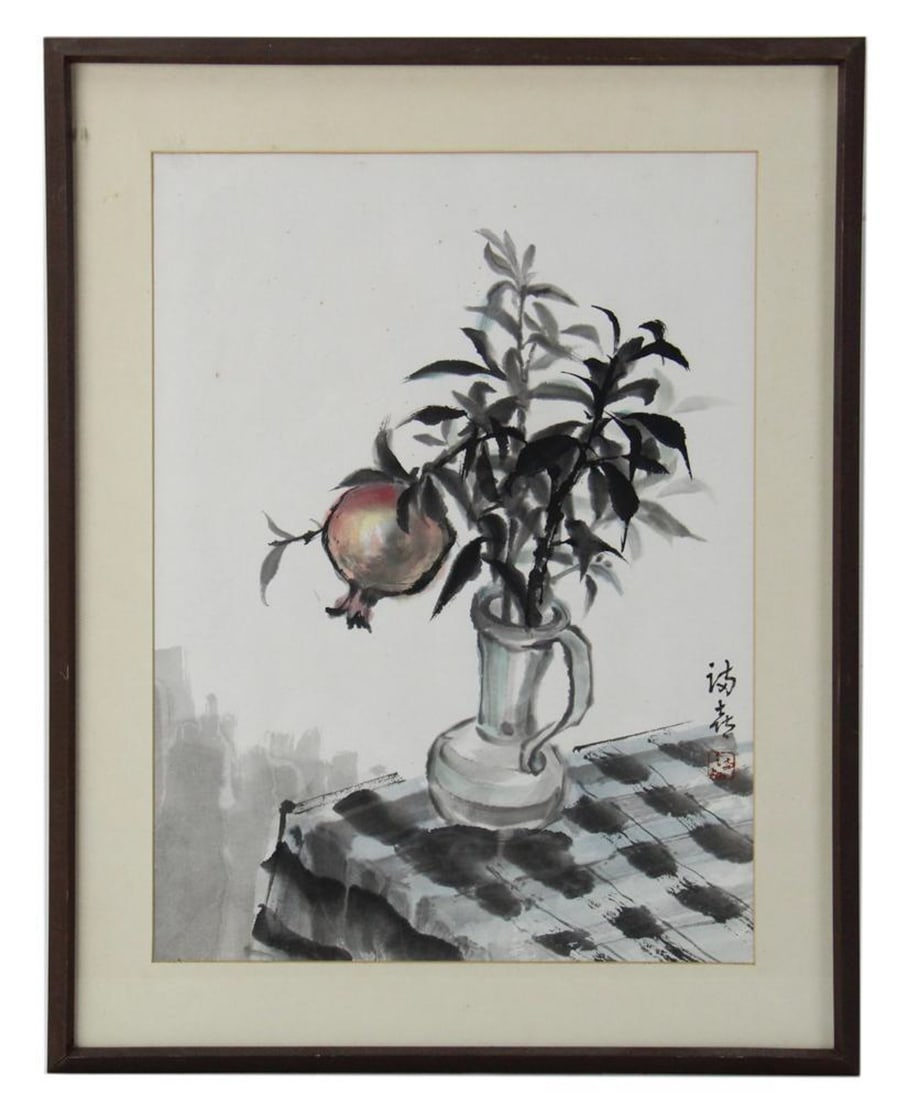 Still Life of Pomegranate and Branches in Vase: Still life of pomegranate and branches in vase, red artist seal and signature, 17 1/2" x 13" (image), framed 22" x 18".