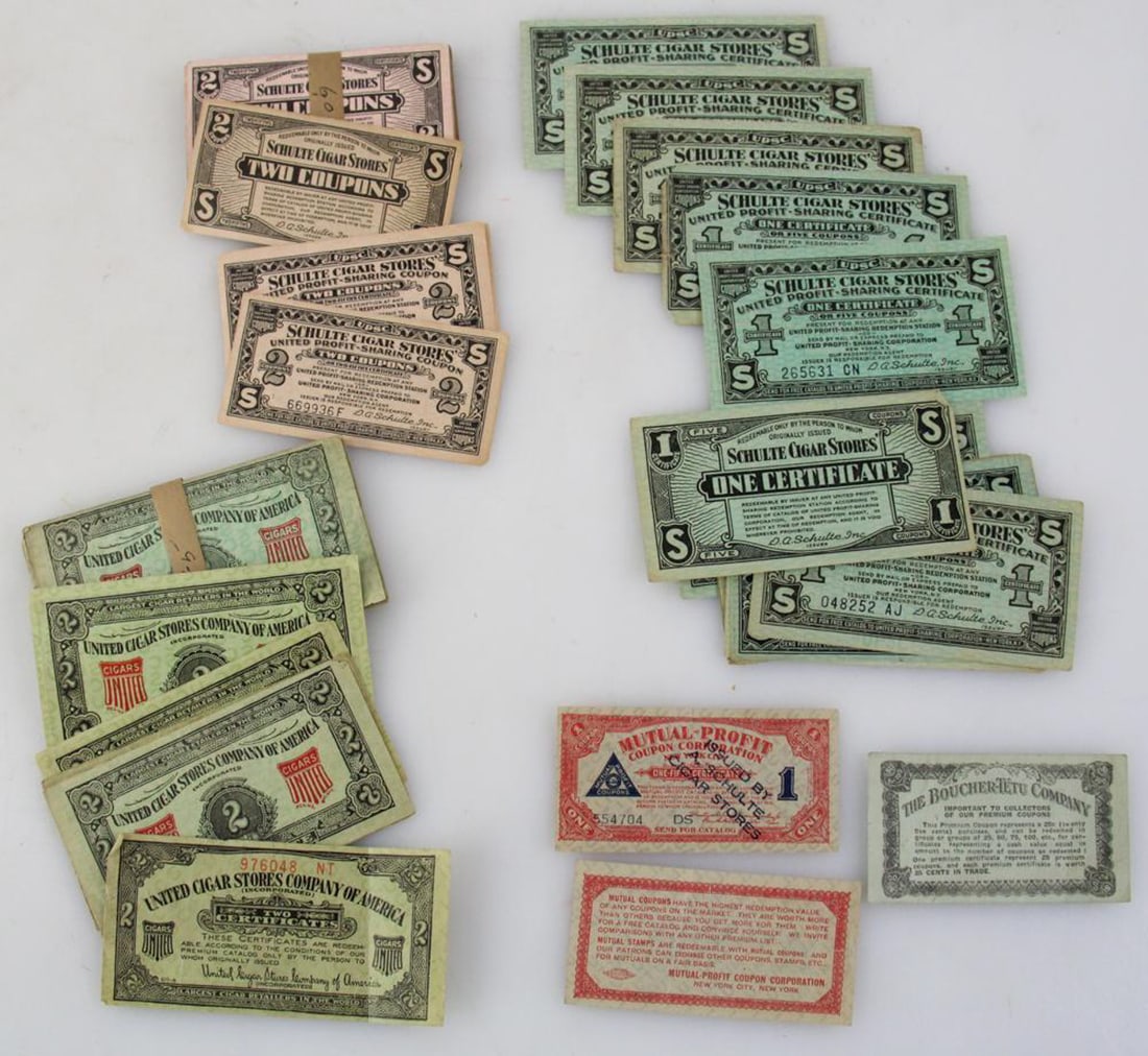 Large Group of Vintage Coupons / Certificates: Vintage 1930s coupons/certificates, to include: (2) Mutual Profit Coupon Corporation 1/5 certificates; (14) Schulte Cigar Stores 5 coupons, one certificate; (1) rare! The Boucher-Tetu Company 98-100