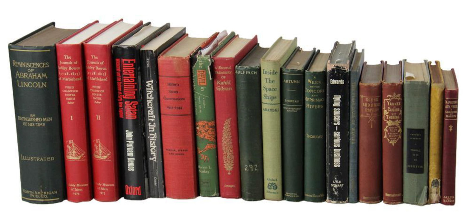 Collection of Books, History of Marblehead, Thoreau, etc.: Collection of (19) books, to include Witchcraft, history of Marblehead, Thoreau, Reminiscences of Abraham Lincoln, Lessons of the Human body, Hitler Conversations, etc. Provenance: Beverly,