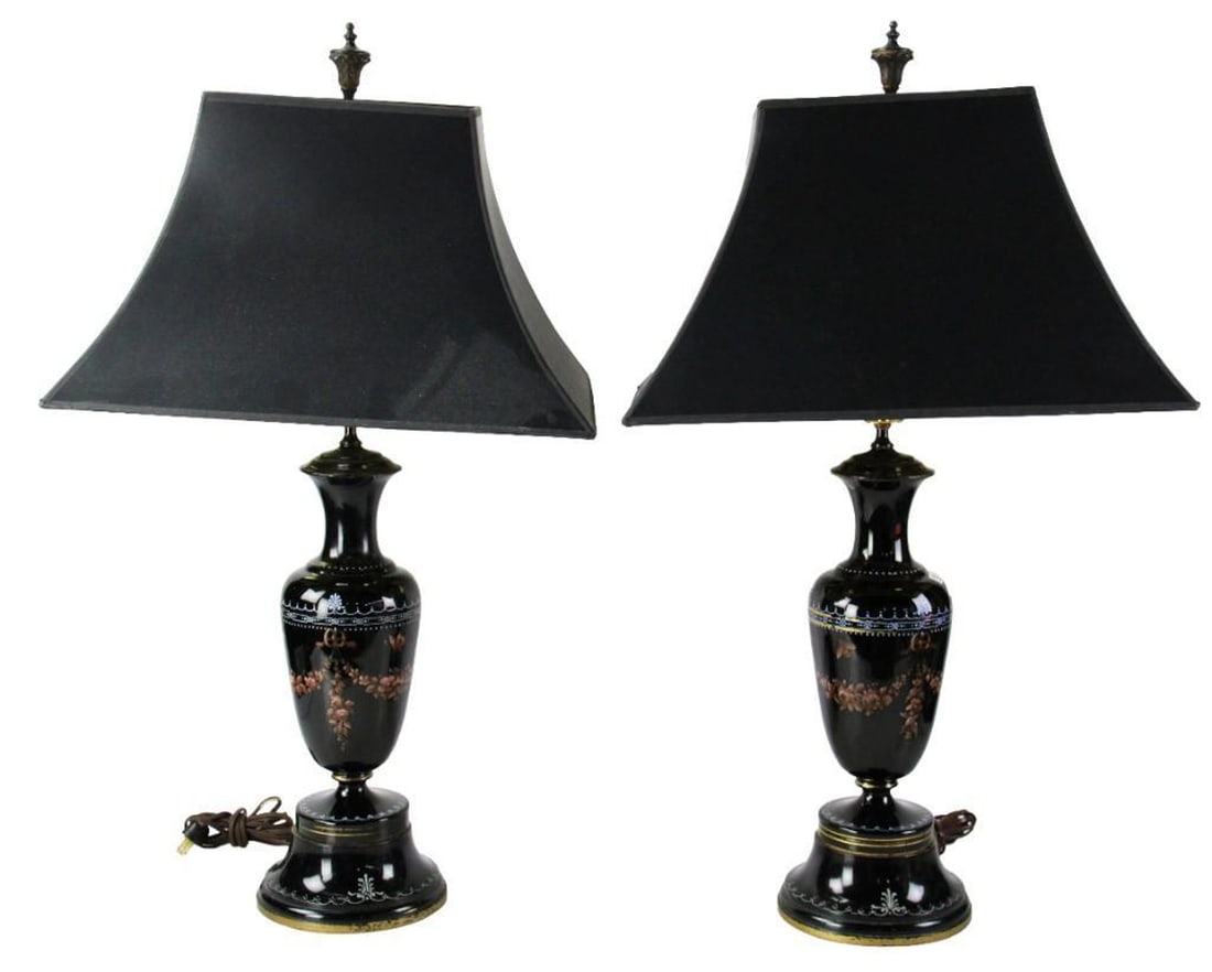 Pair of Bristol Lamps with Black Shades: Pair of Bristol lamps having black shades, 3" x 4". Provenance: Palm Beach, Florida estate.