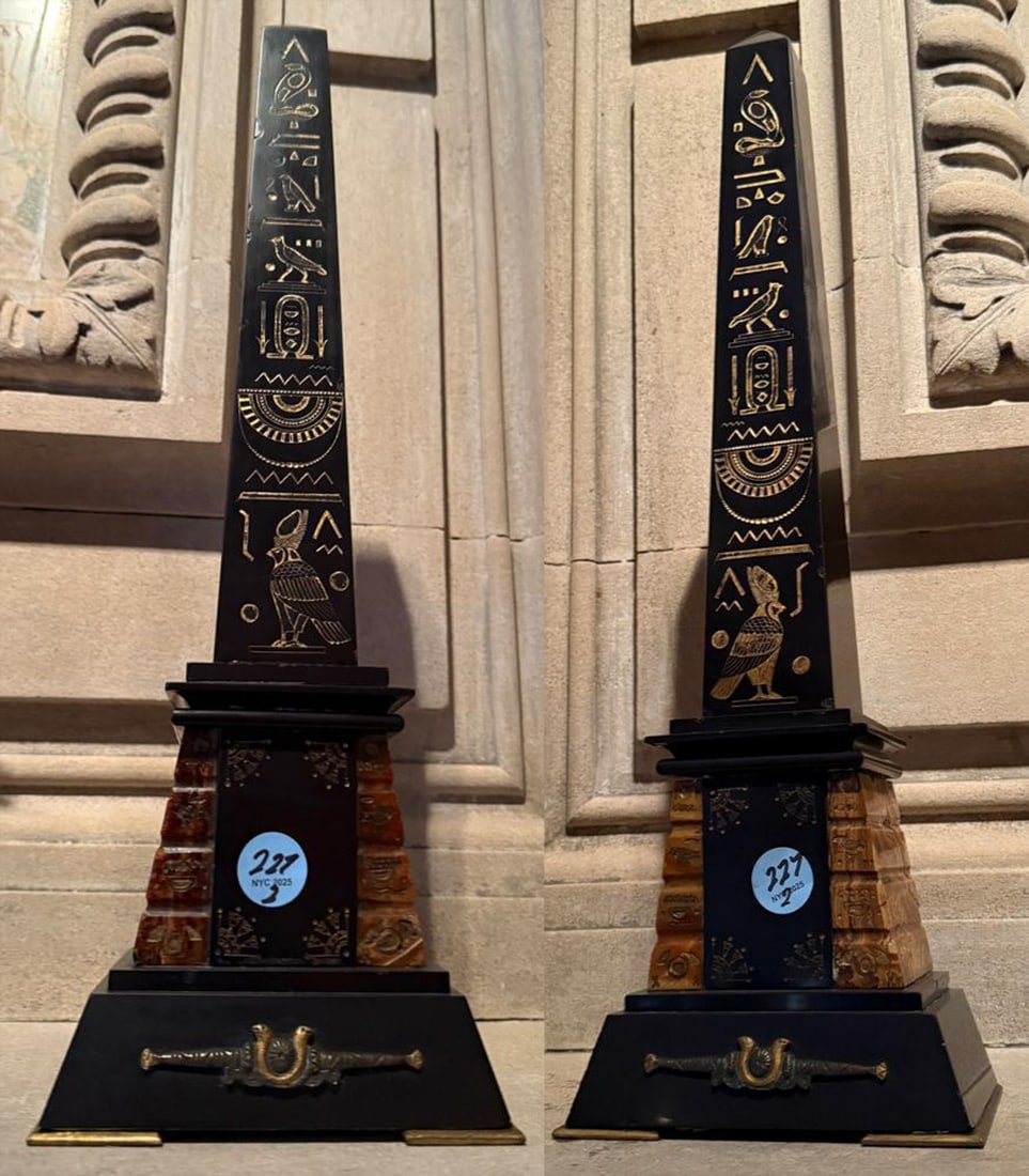 PAIR OF NEOCLASSICAL EGYPTIAN-STYLE OBELISKS: PAIR OF NEOCLASSICAL EGYPTIAN-STYLE OBELISKS - black and gilt with stone and faux stone decorations 20" x 5"