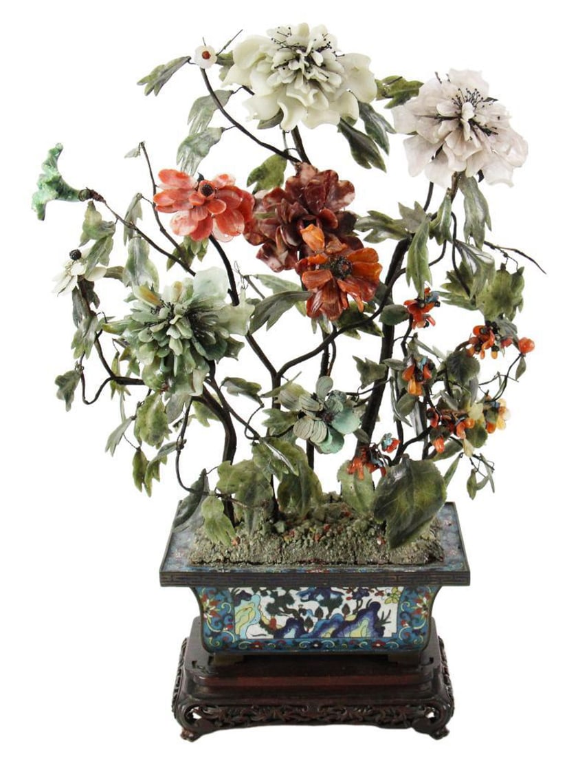 Chinese Qing Dynasty Jade and Hardstone Tree in Planter: Chinese Qing Dynasty jade and hardstone tree in cloisonne planter on wood stand, 23" x 15". Provenance: Palm Beach, Florida and Stratham, New Hampshire.