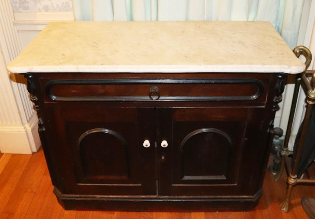 Victorian Walnut Cabinet with Scalloped Marble Top: Victorian walnut two-door cabinet with scalloped marble top, 29" H x 39" W x 18" D. Provenance: an old Massachusetts family estate.