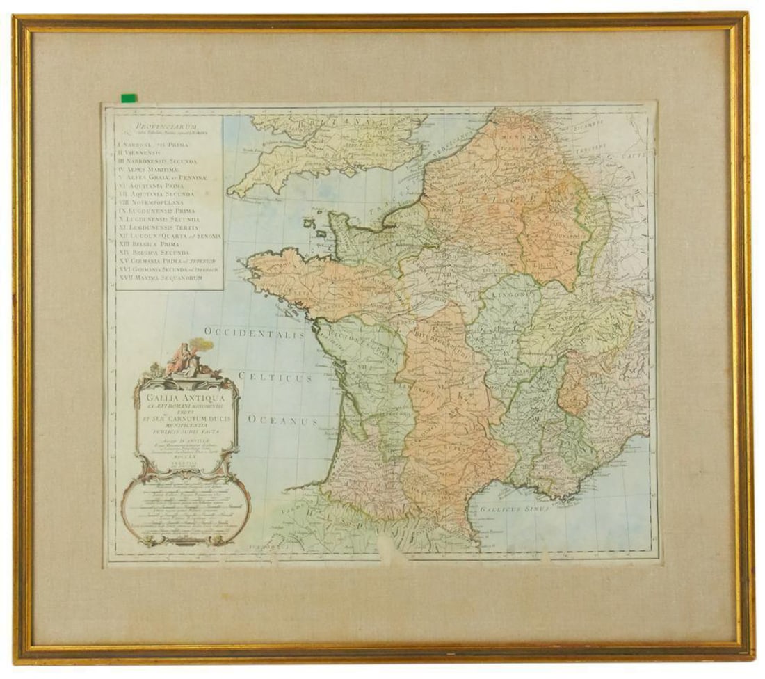 Map, Gallia Antiqua France, 1760, Framed: Map, Gallia Antiqua France , 1760, with restoration, framed 26" x 30". Provenance: Ft. Lauderdale, Florida collection.