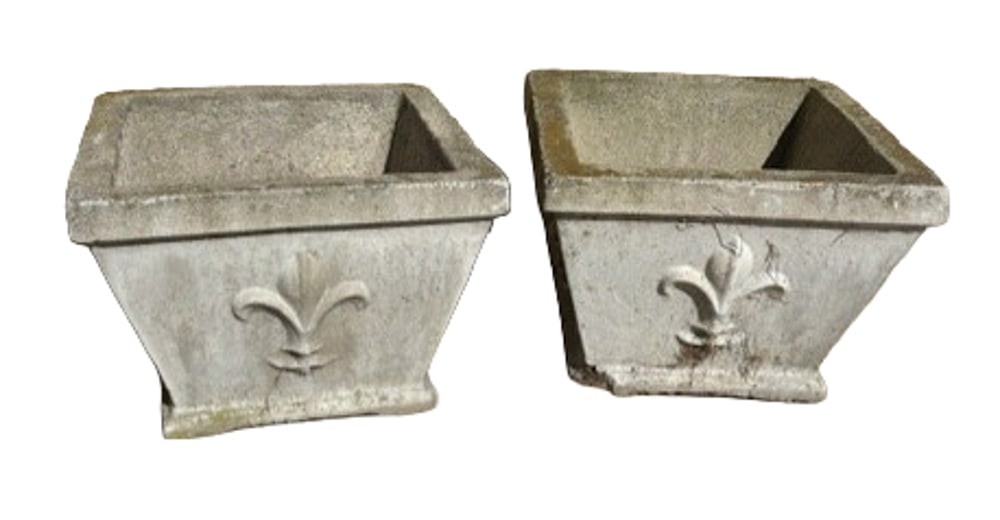 Pair of Cement Planters: Pair of cement planters, 9 1/2" H x 13" square. Provenance: Concord, Massachusetts collection.