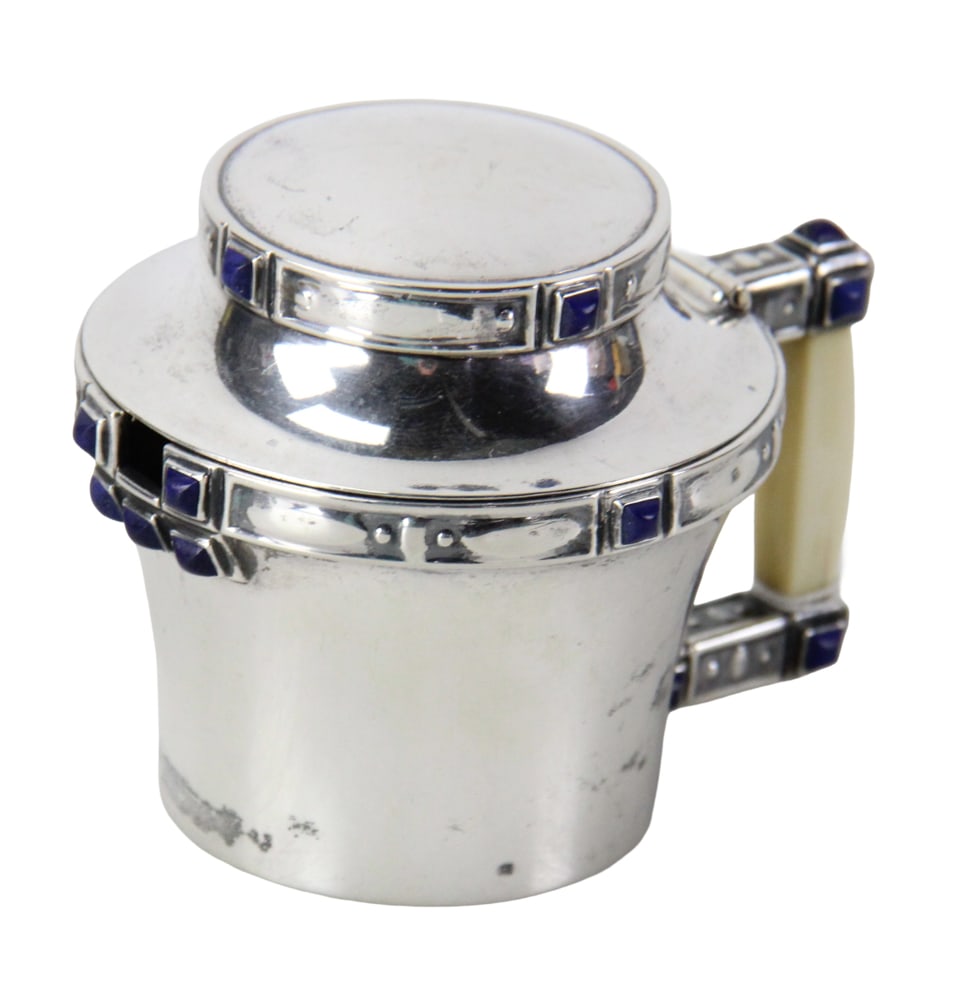 Austria-Hungarian .800 Silver Art Nouveau Condiment Pot: Austria-Hungarian .800 silver Art Nouveau condiment pot with blue stone decoration and bone handle, approximately 3 1/2" H x 3 1/4" diameter (excluding handle). Approximately 6.4 troy oz TW.